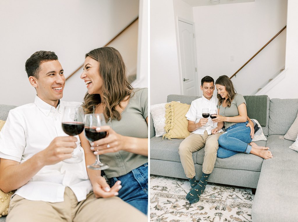 in home engagement portraits with pizza and cats