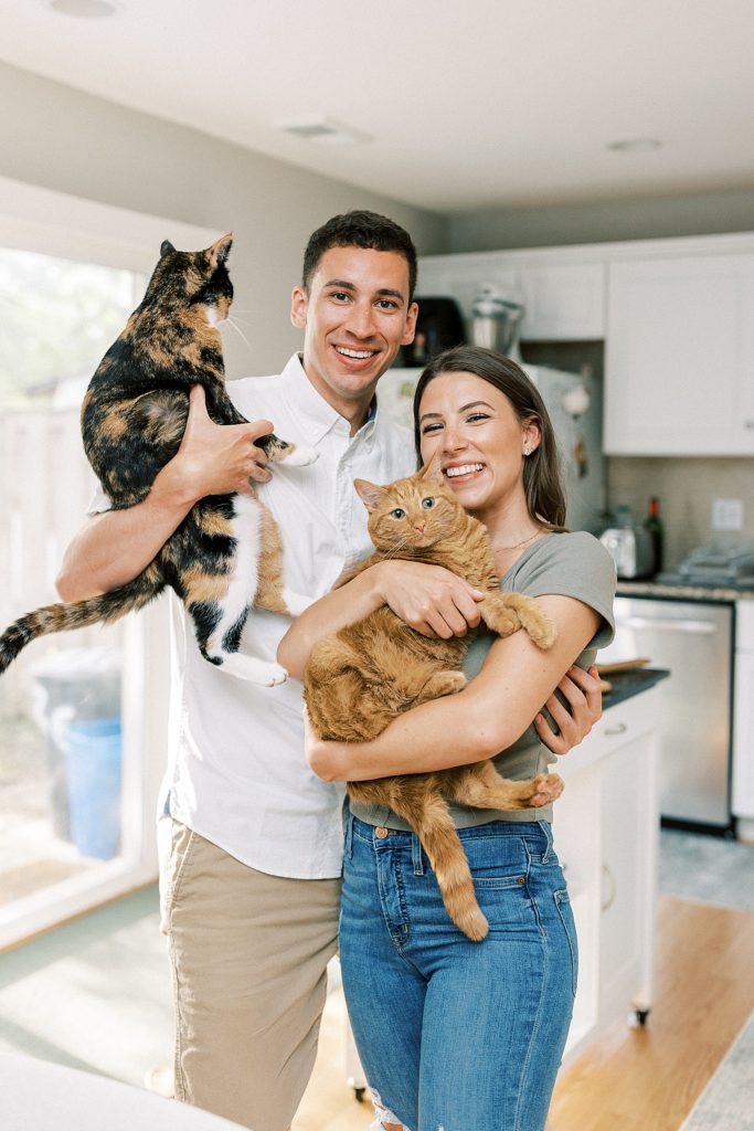 virginia in home engagement portraits with pizza and cats