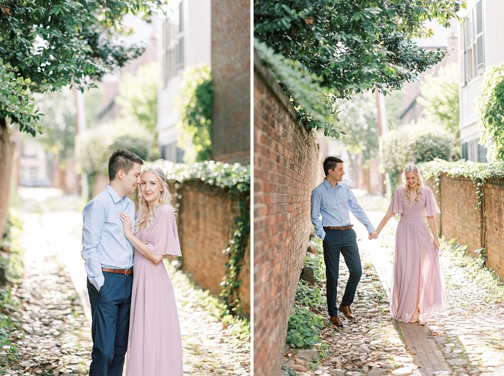 engagement portraits in old town alexandria with cobblestone streets