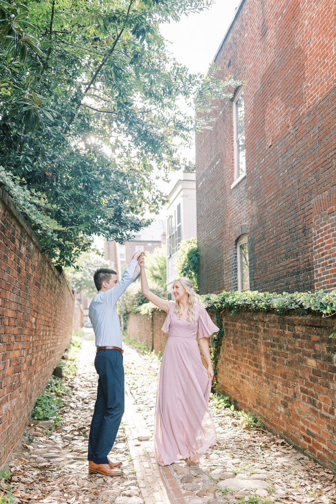 engagement portraits in old town alexandria with cobblestone streets