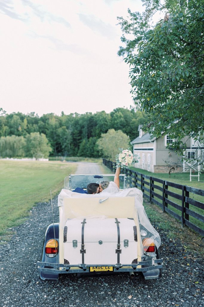 northern virginia summer wedding with getaway car